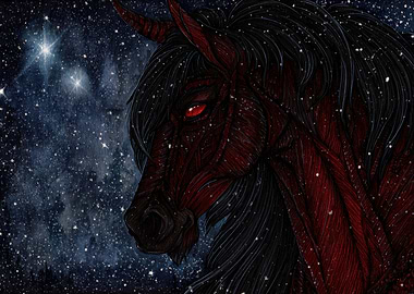 Dark Horse in Starry Night Sky