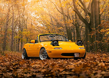 Yellow Mazda Miata in Autumn Forest