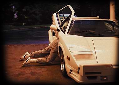 Person emerging from a white Lamborghini