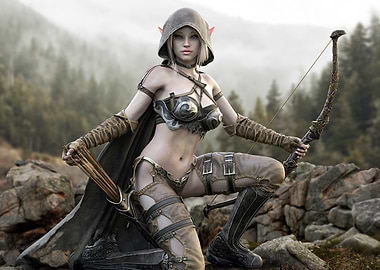 Fantasy female dark elf archer with bow and arrows in a forest setting. 3d rendering