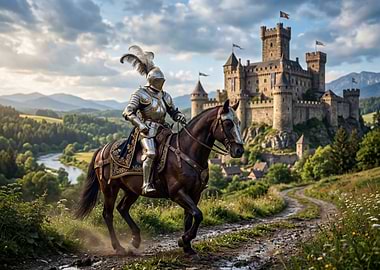 Knight on Horseback Approaching Castle