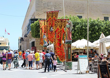 Valletta street view with banners and people