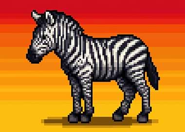 Pixel Art Zebra on Sunset Background