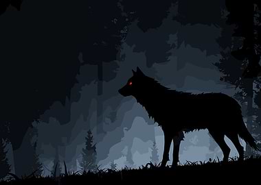 Silhouette Wolf in Dark Forest