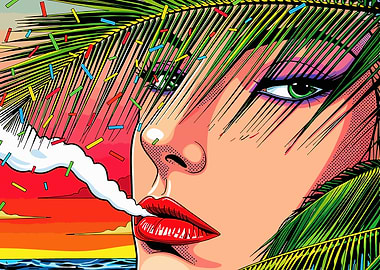 Pop Art Woman Smoking with Palm Leaves