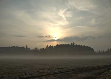 Misty Sunrise Over a Frosty Field