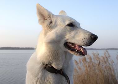White German Shepherd Bo by the Water