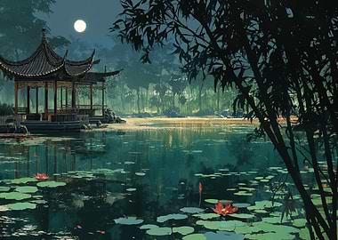 Serene Asian Pagoda by Moonlit Lake