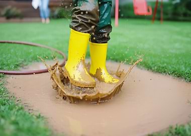 Child jumping in a mud puddle
