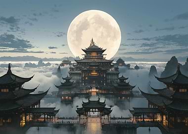 Mystical Asian Temple Under a Full Moon
