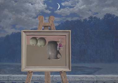 Surreal Still Life Painting on Easel by renne magritte