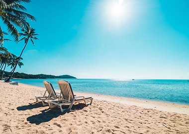 Tropical Beach with Lounge Chairs