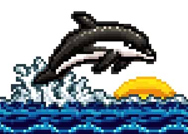 Pixel Art Dolphin at Sunset