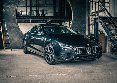 Dark Maserati Ghibli in Industrial Garage