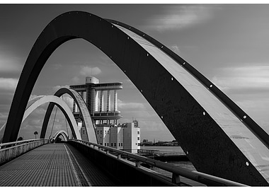 Modern Arched Bridge with Building
