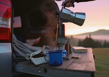 Pouring coffee at sunrise