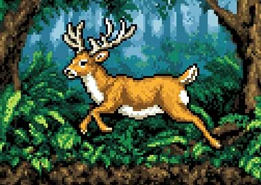 Pixel Art Deer Running Through Forest