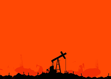 Oil Pumpjack Silhouette Against Orange Sky