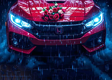 Red Honda Civic with Roses in Rain