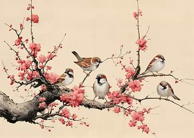 Sparrows on a Cherry Blossom Branch