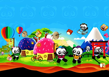 Cute Pandas in a Whimsical Landscape