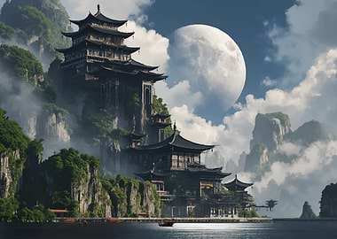 Ancient Asian Pagodas on Misty Mountains