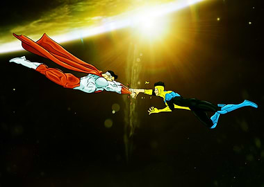 Invincible and Omni-Man Fist Bump in Space
