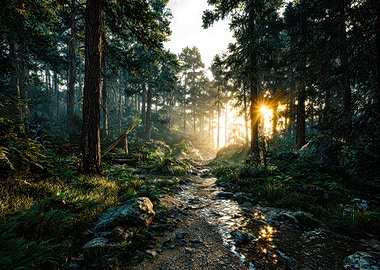 Sunlight streams through a forest path