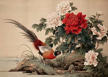 Pheasant and Peonies Painting