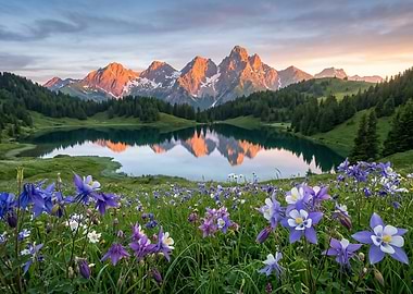 Alpine Lake with Wildflowers and Mountains