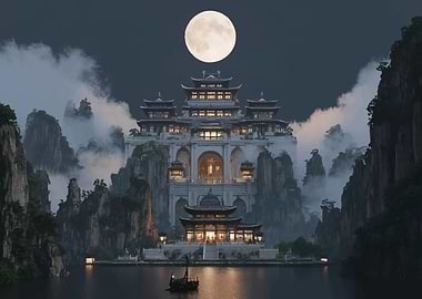 Mystical Asian Palace Under a Full Moon