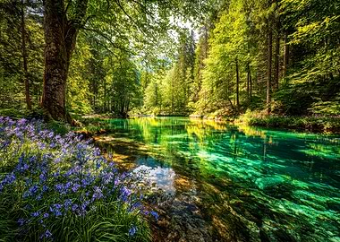 Tranquil Forest Lake with Blue Flowers