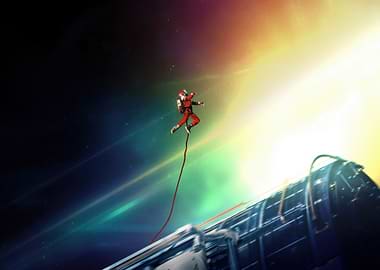 Astronaut tethered in vibrant space