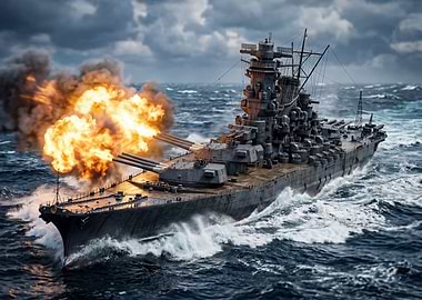Battleship Firing Guns in Stormy Seas