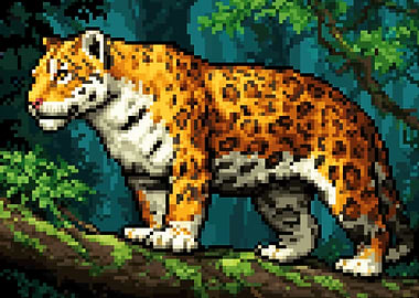 Pixel Art Cheetah on a Tree Branch