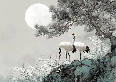 Cranes and Moon in Japanese Art Style