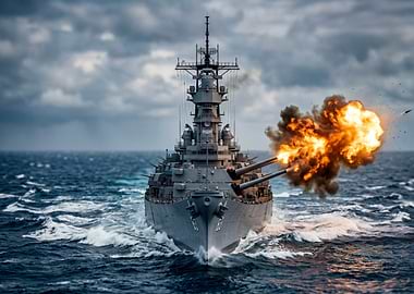 Battleship Firing Guns at Sea