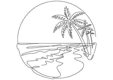 Tropical Beach Sunset Line Art
