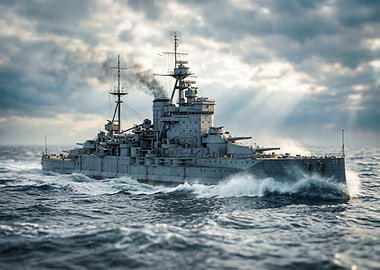 Battleship sailing through rough seas
