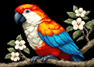 Pixel Art Parrot on a Branch