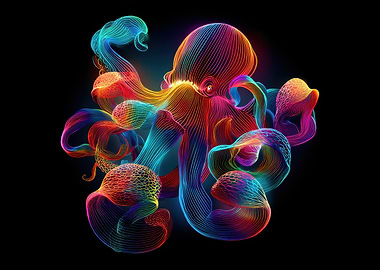 Rainbow Neon Octopus Art