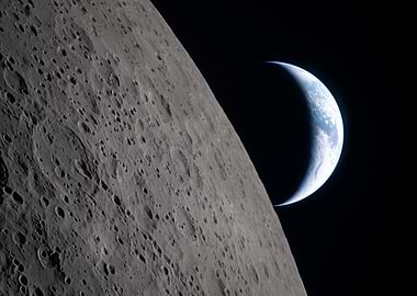 Earth Crescent Over Moon Surface