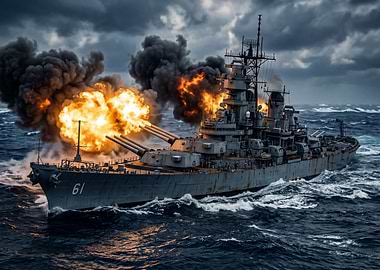 Battleship Firing Guns in Stormy Seas