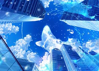 Whale breaching in a surreal cityscape