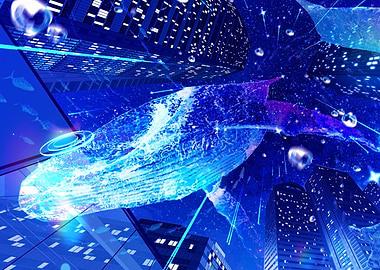 Whale swimming through futuristic cityscape
