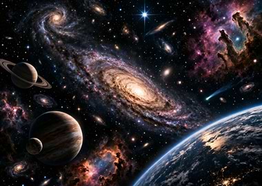 Cosmic vista with planets and galaxies