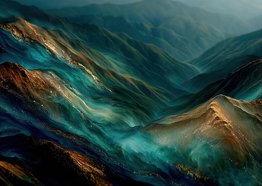 Golden Valleys of Peace – Abstract Mountain Wall Art, Teal Gold Landscape, Modern Luxury Decor