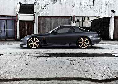 Dark Grey Mazda RX-7 with Gold Wheels