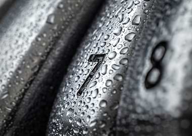Close-up of golf irons with water droplets