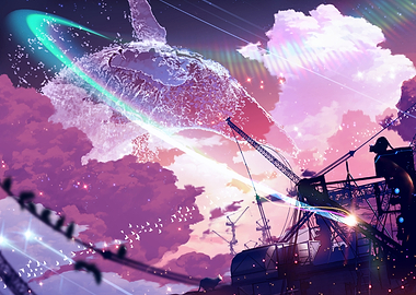 Surreal Sky with Floating Island and Cranes